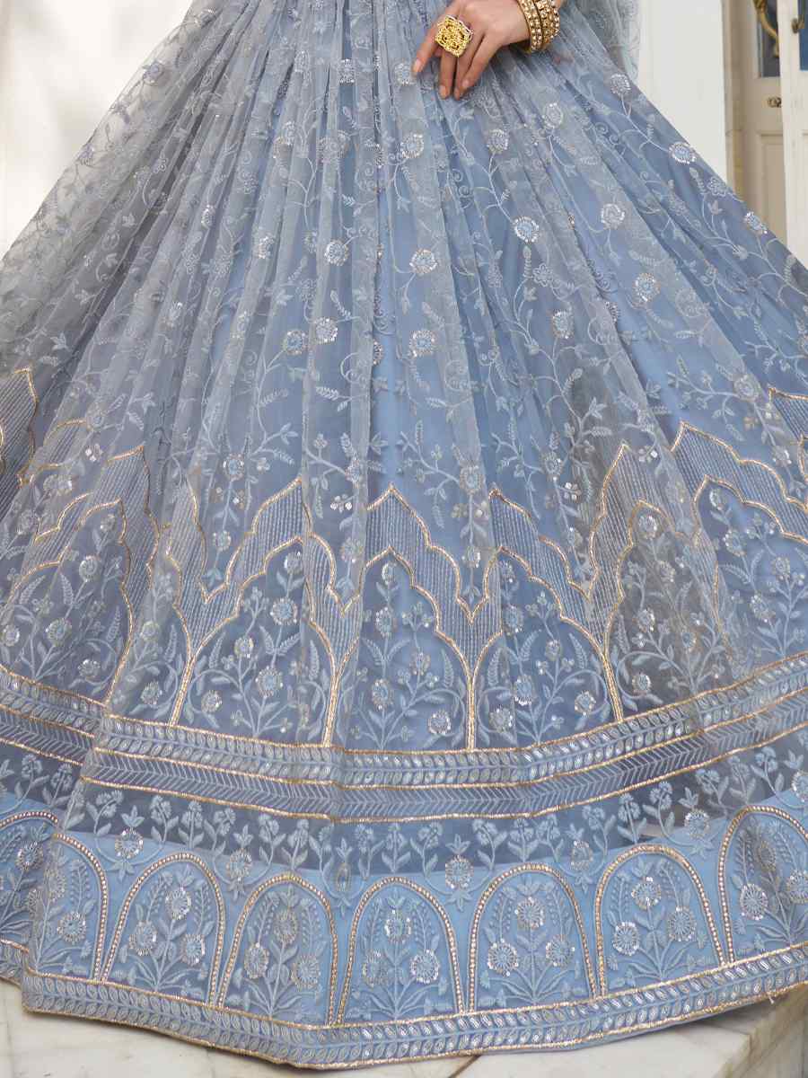 Blue Butterfly Net Embroidered Wedding Festival Heavy Border Lehenga Choli