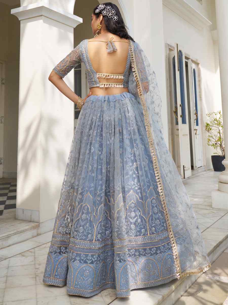 Blue Butterfly Net Embroidered Wedding Festival Heavy Border Lehenga Choli