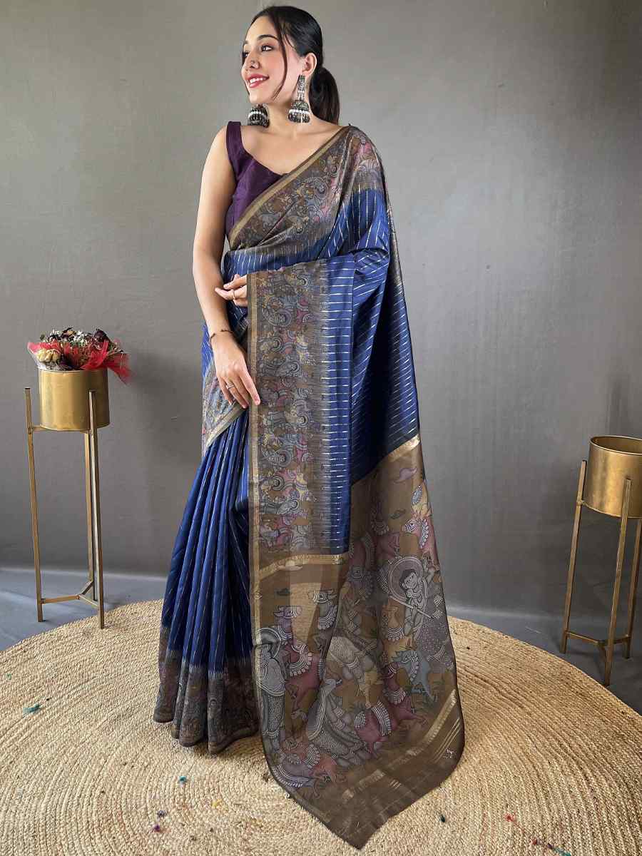 Blue Chanderi Silk Handwoven Festival Wedding Heavy Border Saree