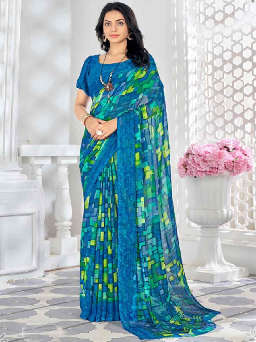 Blue Chiffon Printed Casual Festival Contemporary Saree