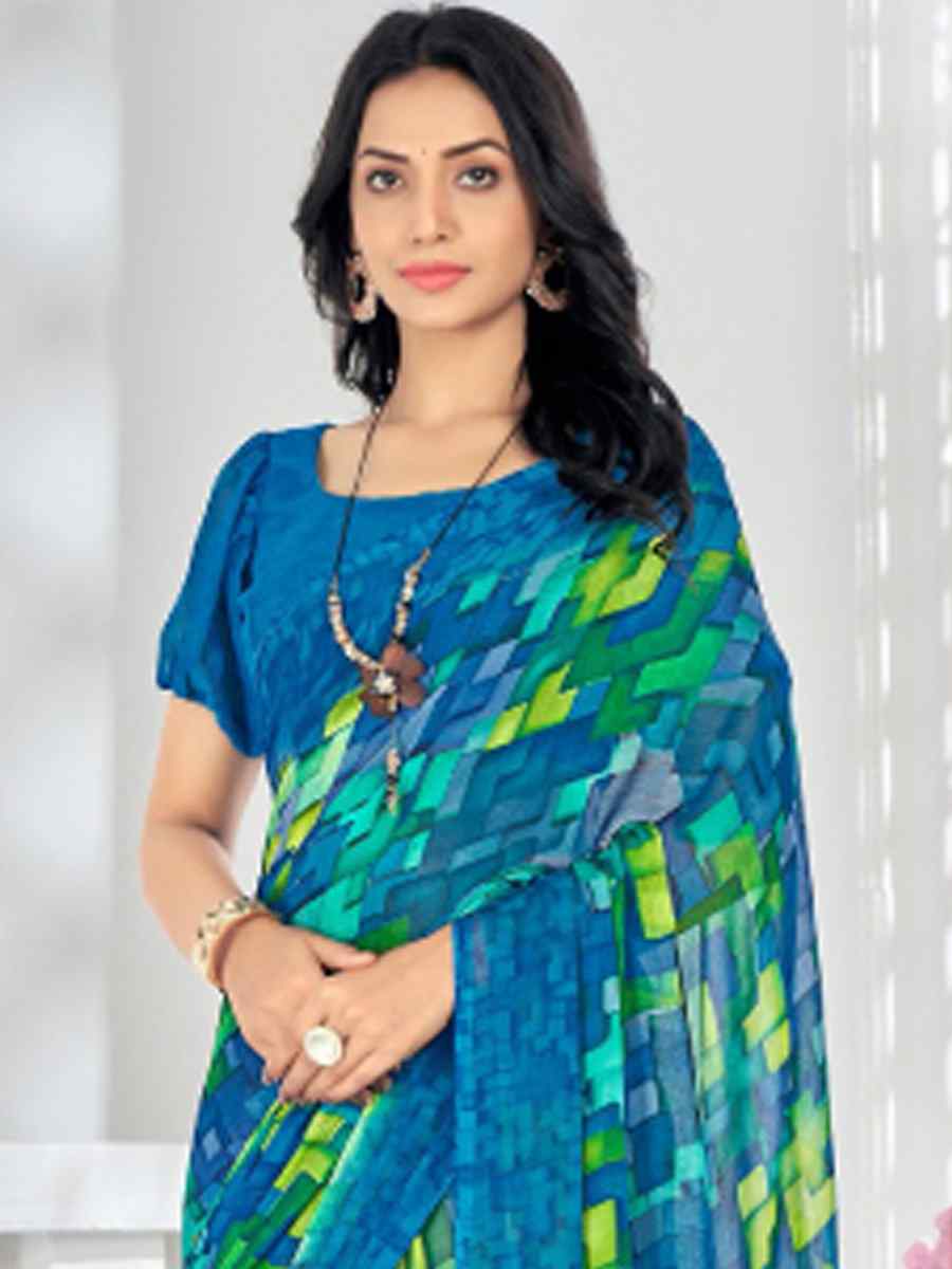 Blue Chiffon Printed Casual Festival Contemporary Saree