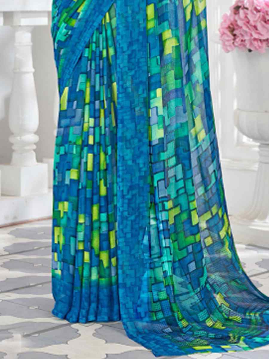 Blue Chiffon Printed Casual Festival Contemporary Saree