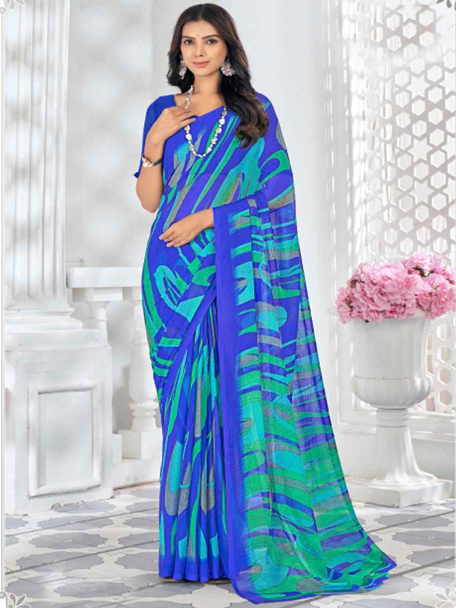 Blue Chiffon Printed Casual Festival Contemporary Saree