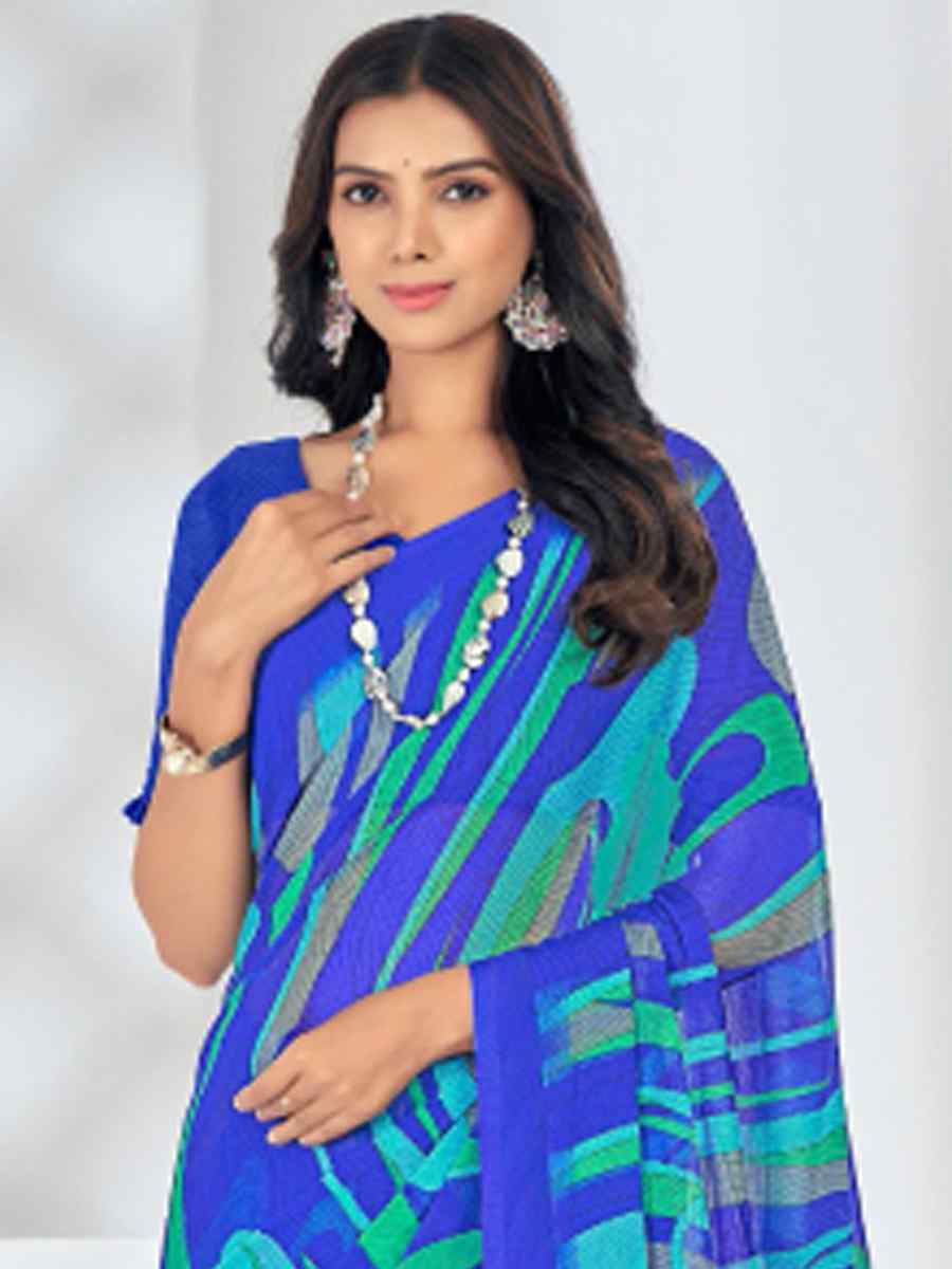 Blue Chiffon Printed Casual Festival Contemporary Saree