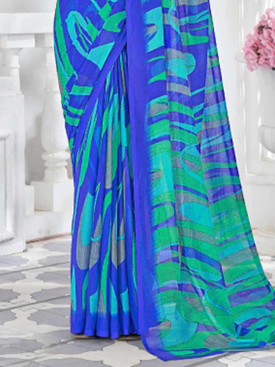 Blue Chiffon Printed Casual Festival Contemporary Saree