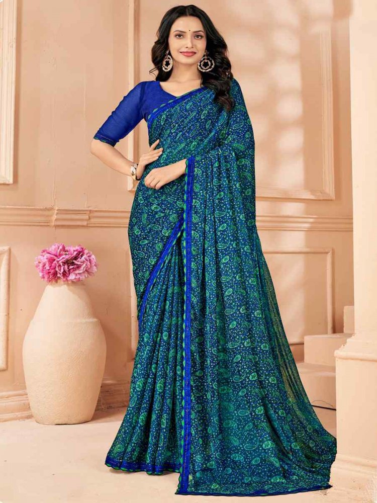 Blue Chiffon Printed Festival Casual Contemporary Saree