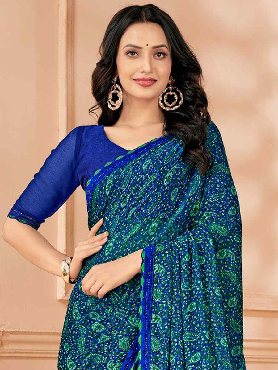 Blue Chiffon Printed Festival Casual Contemporary Saree