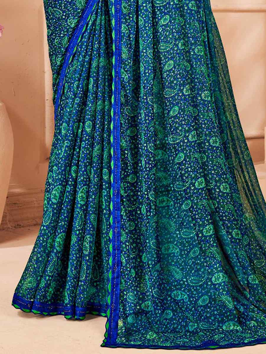 Blue Chiffon Printed Festival Casual Contemporary Saree