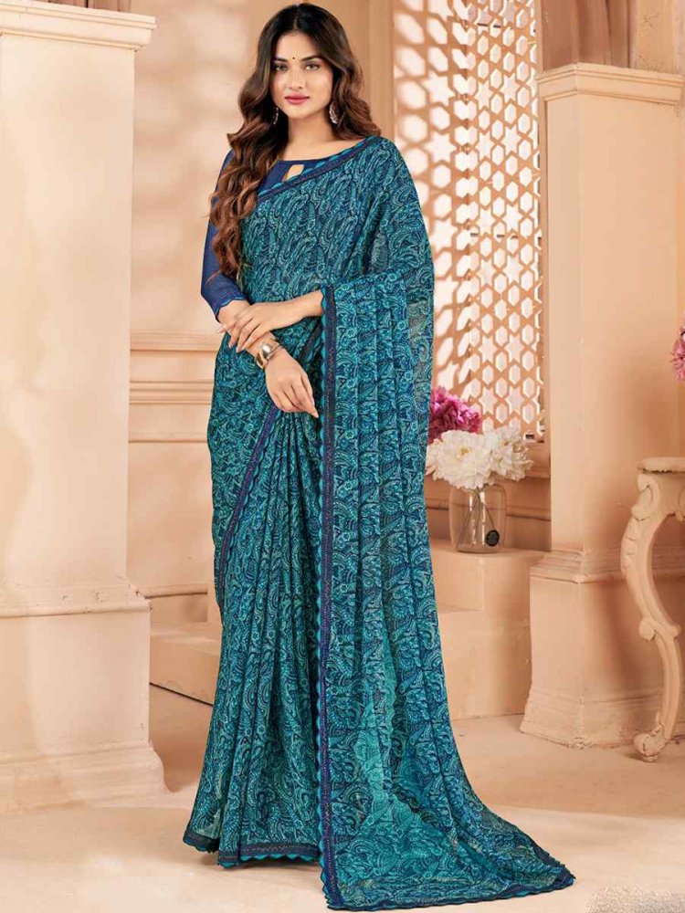 Blue Chiffon Printed Festival Casual Contemporary Saree