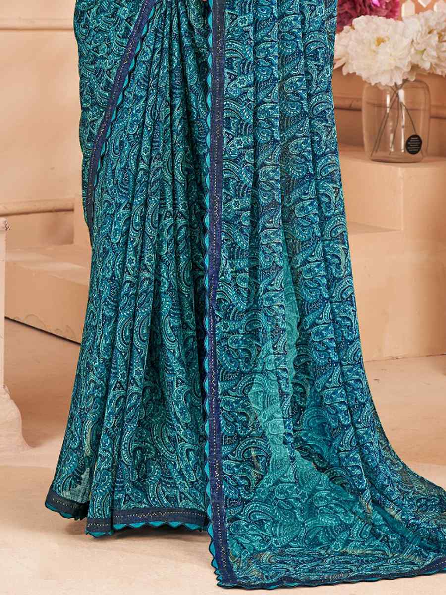 Blue Chiffon Printed Festival Casual Contemporary Saree