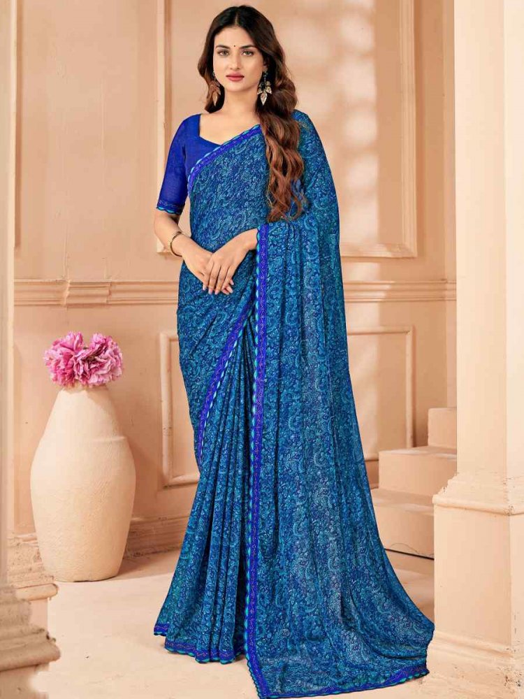 Blue Chiffon Printed Festival Casual Contemporary Saree