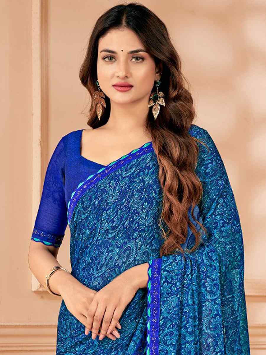 Blue Chiffon Printed Festival Casual Contemporary Saree