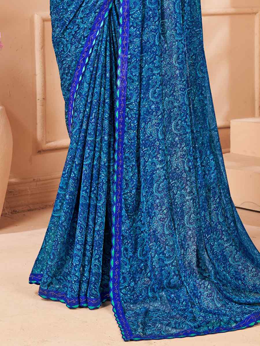 Blue Chiffon Printed Festival Casual Contemporary Saree