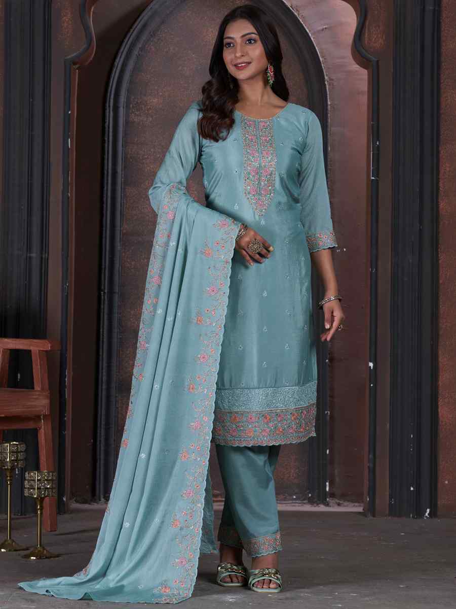 Blue Chinon Embroidered Festival Mehendi Pant Salwar Kameez