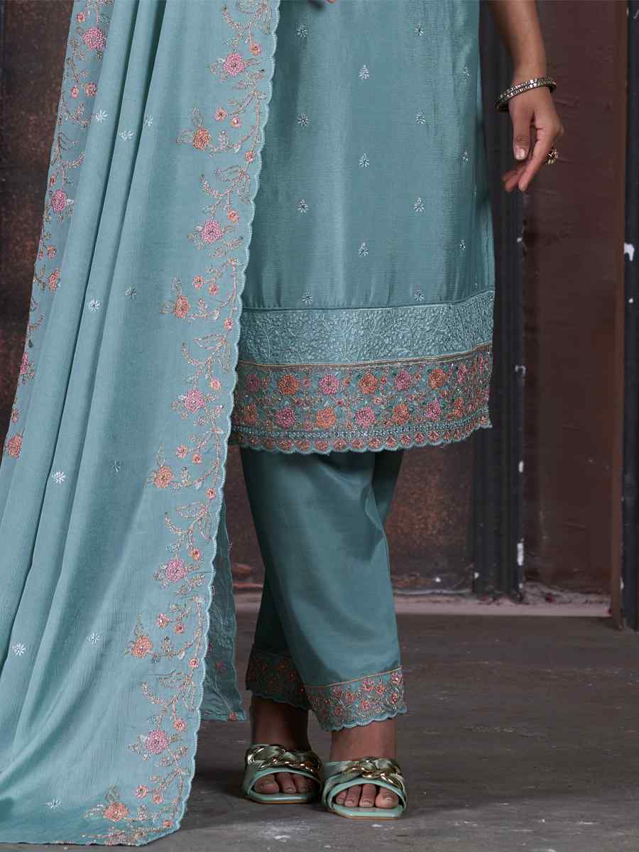 Blue Chinon Embroidered Festival Mehendi Pant Salwar Kameez