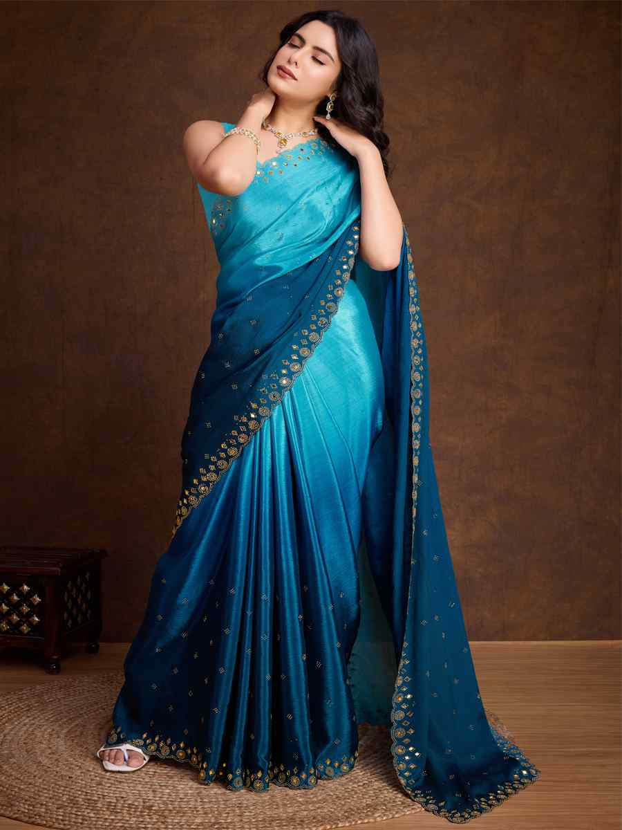 Blue Chinon Embroidered Festival Party Classic Style Saree