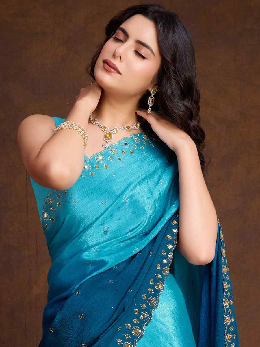 Blue Chinon Embroidered Festival Party Classic Style Saree