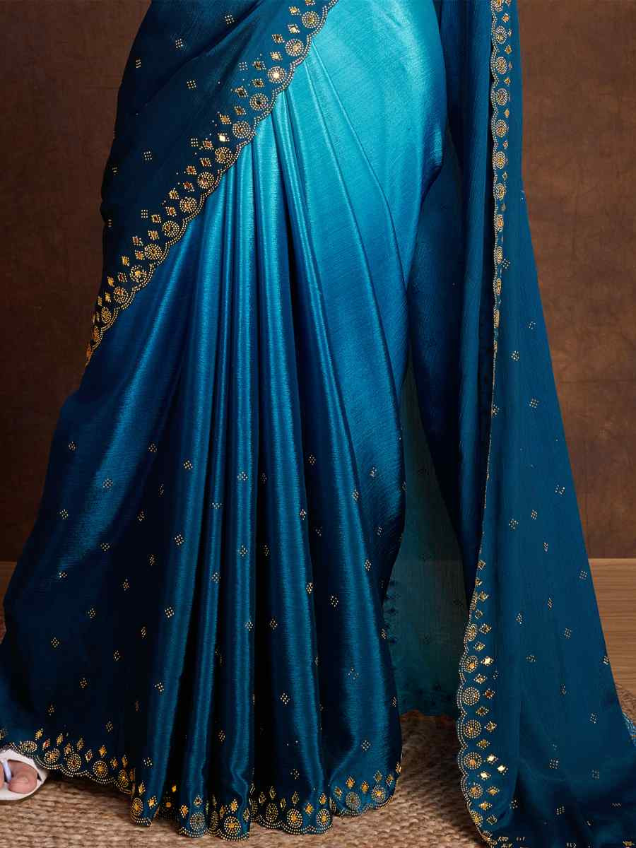 Blue Chinon Embroidered Festival Party Classic Style Saree