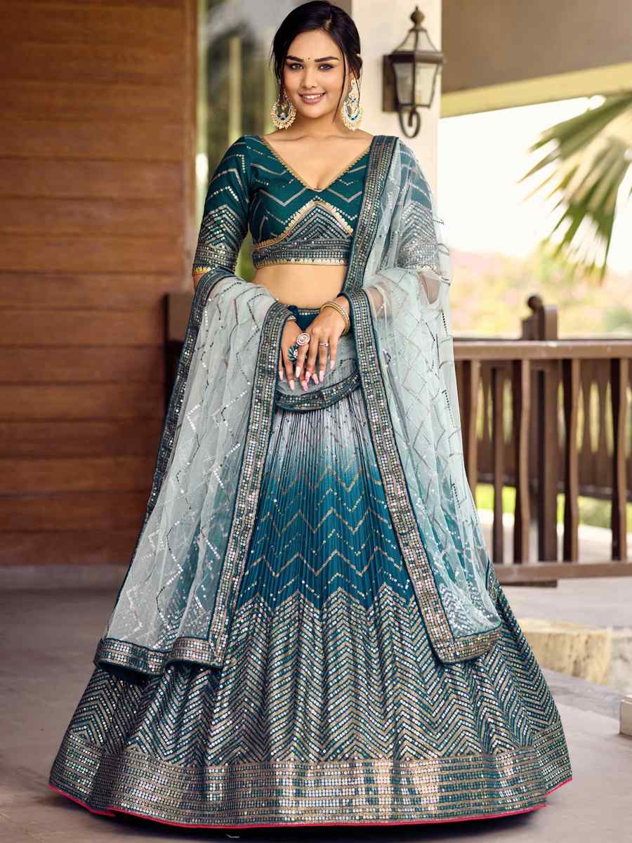 Blue Chinon Embroidered Reception Wedding Heavy Border Lehenga Choli