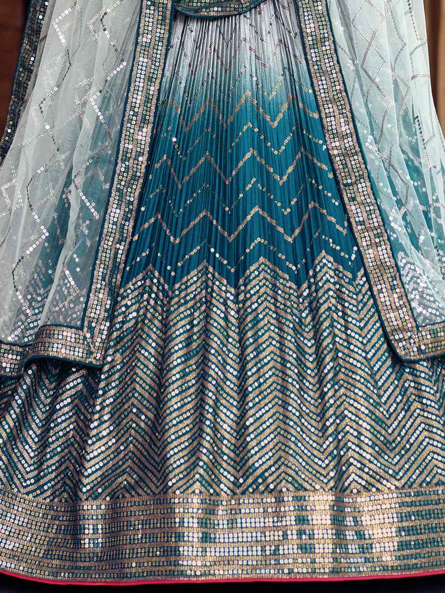 Blue Chinon Embroidered Reception Wedding Heavy Border Lehenga Choli