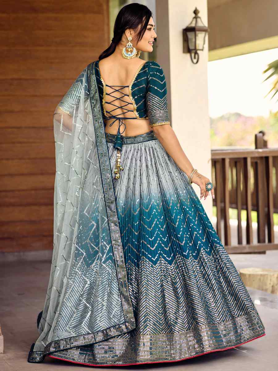 Blue Chinon Embroidered Reception Wedding Heavy Border Lehenga Choli