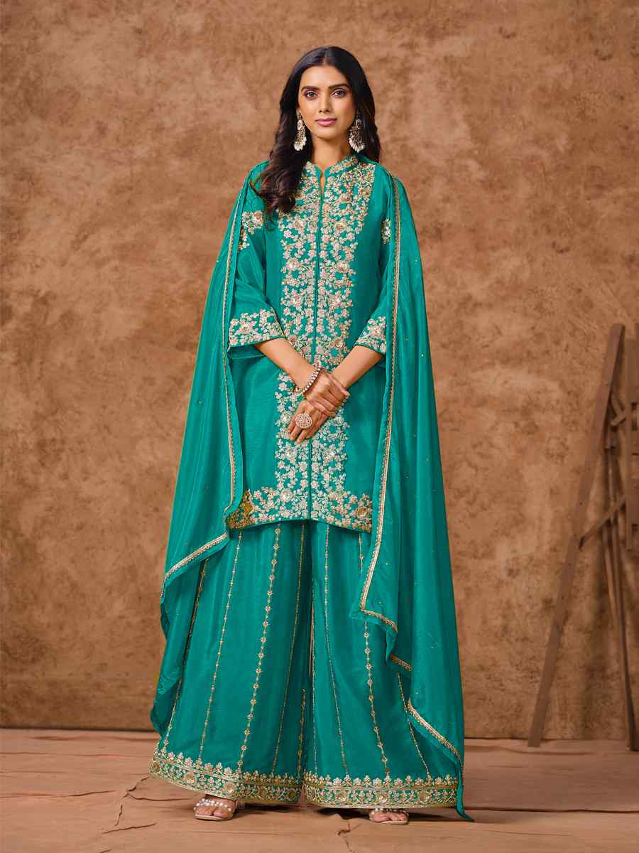 Blue Chinon Silk Embroidered Festival Wedding Ready Palazzo Pant Salwar Kameez