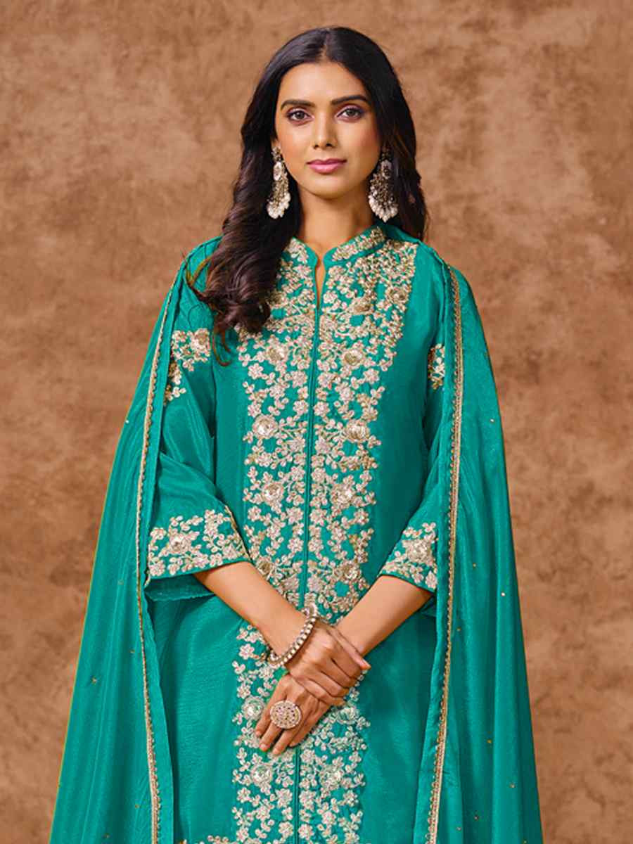 Blue Chinon Silk Embroidered Festival Wedding Ready Palazzo Pant Salwar Kameez