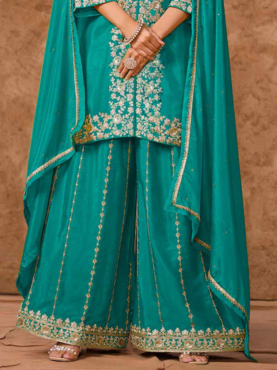 Blue Chinon Silk Embroidered Festival Wedding Ready Palazzo Pant Salwar Kameez