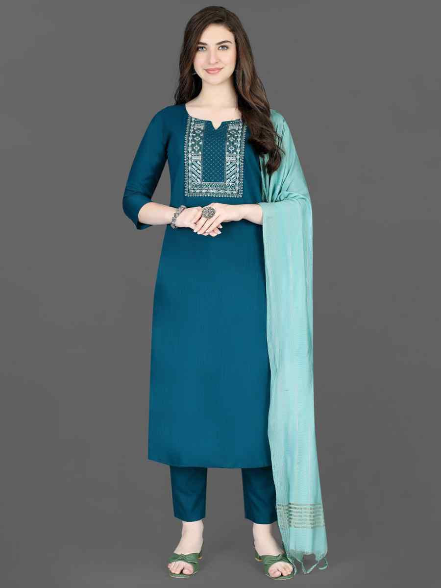 Blue Cotton Blend Embroidered Festival Wedding Pant Salwar Kameez