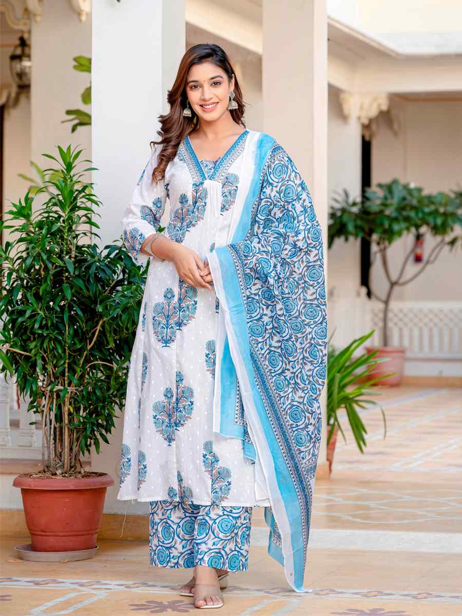 Blue Cotton Embroidered Festival Casual Pant Salwar Kameez