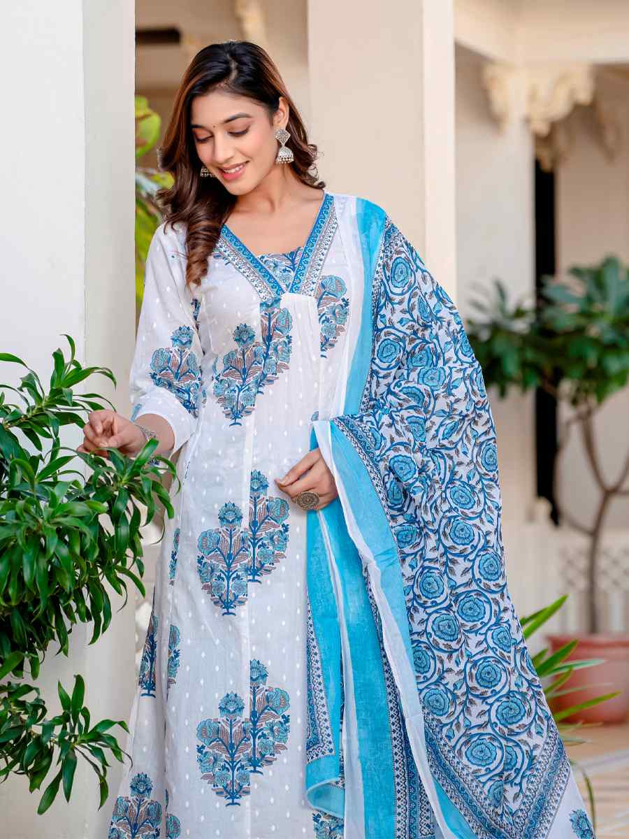 Blue Cotton Embroidered Festival Casual Pant Salwar Kameez