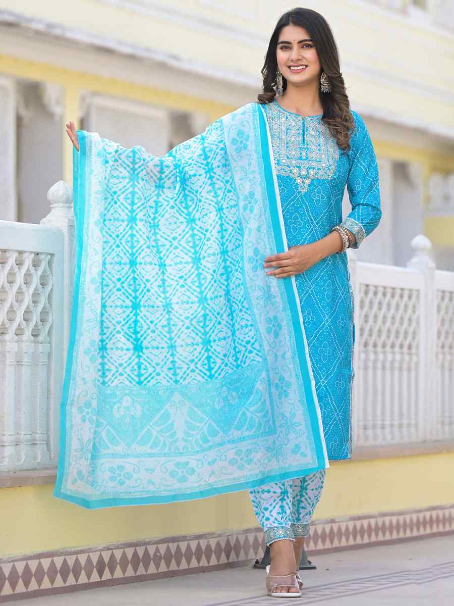 Blue Cotton Embroidered Festival Casual Ready Pant Salwar Kameez