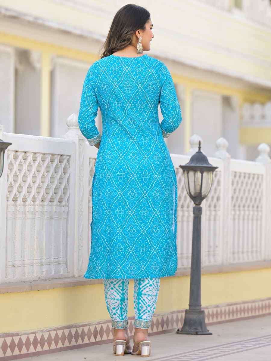 Blue Cotton Embroidered Festival Casual Ready Pant Salwar Kameez