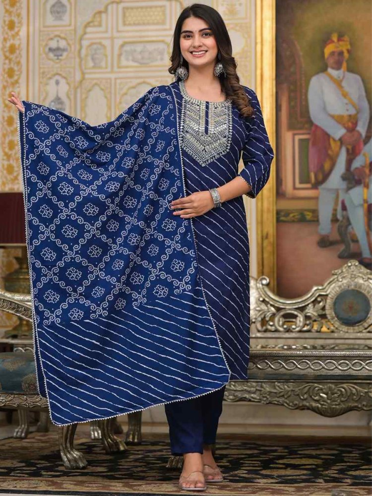Blue Cotton Embroidered Festival Casual Ready Pant Salwar Kameez