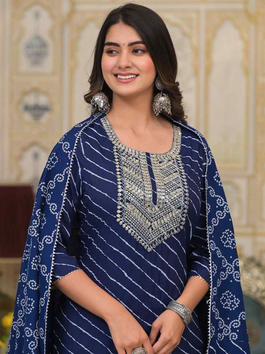 Blue Cotton Embroidered Festival Casual Ready Pant Salwar Kameez