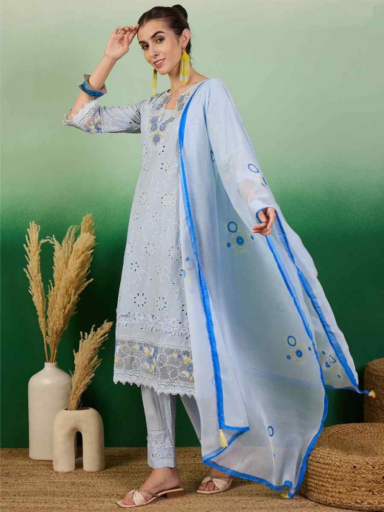 Blue Cotton Embroidered Festival Casual Ready Pant Salwar Kameez