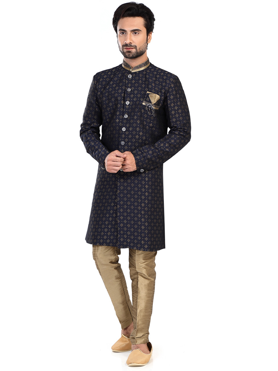 Blue Cotton Embroidered Party Wedding Kurta