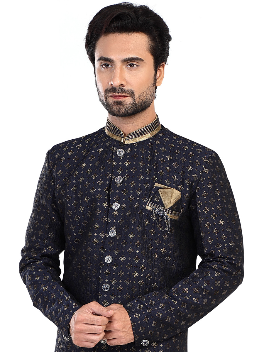 Blue Cotton Embroidered Party Wedding Kurta