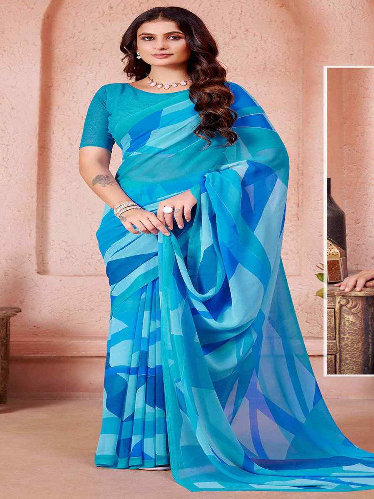 Blue Cotton Printed Festival Casual Contemporary Saree