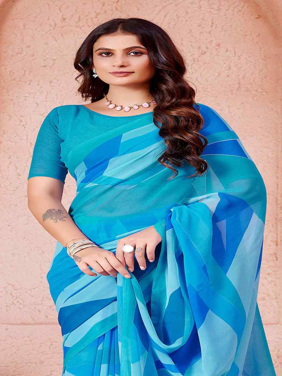 Blue Cotton Printed Festival Casual Contemporary Saree