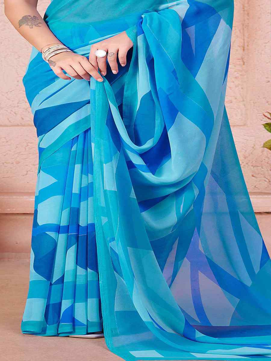 Blue Cotton Printed Festival Casual Contemporary Saree