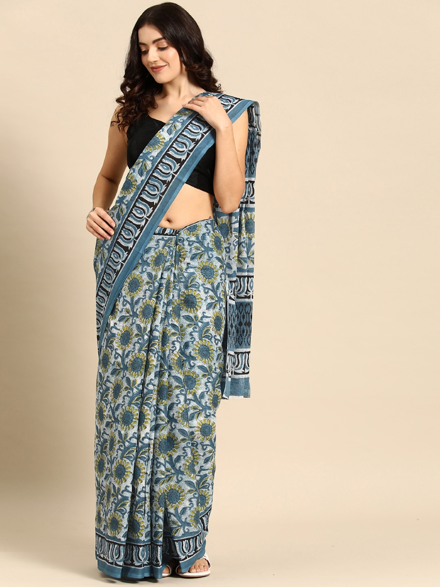 Blue Cotton Printed Festival Casual Contemporary Sarees