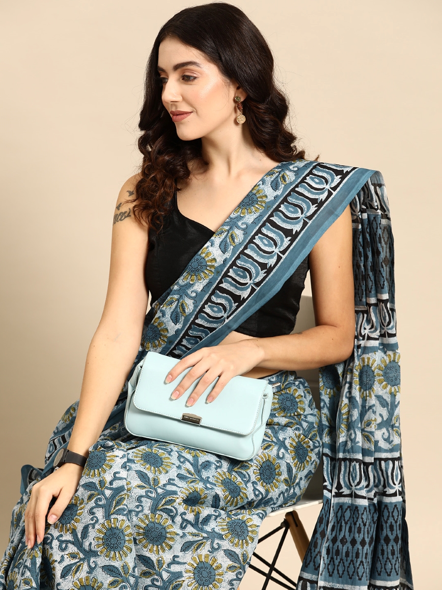 Blue Cotton Printed Festival Casual Contemporary Sarees