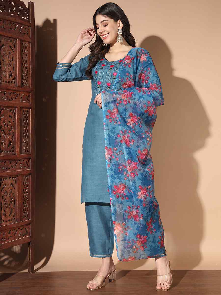 Blue Cotton Printed Festival Casual Ready Pant Salwar Kameez