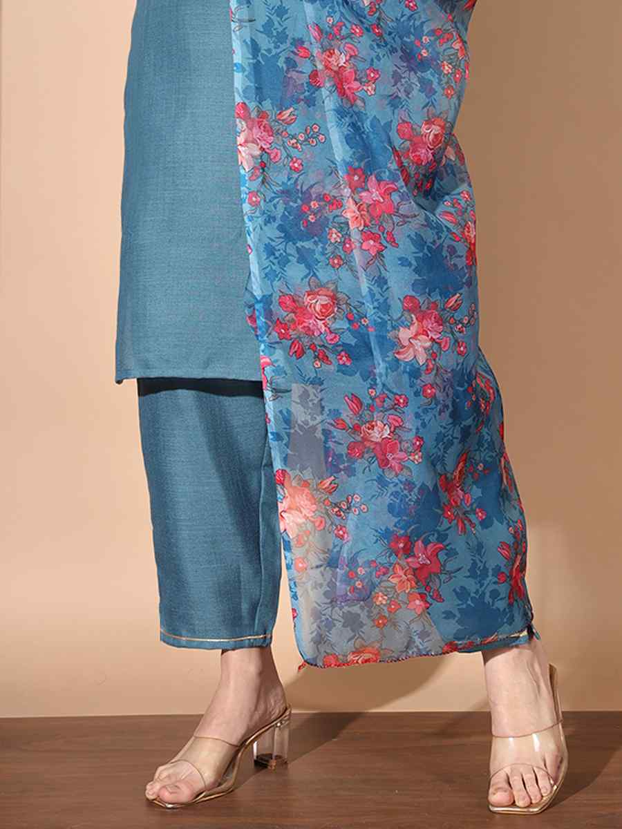 Blue Cotton Printed Festival Casual Ready Pant Salwar Kameez