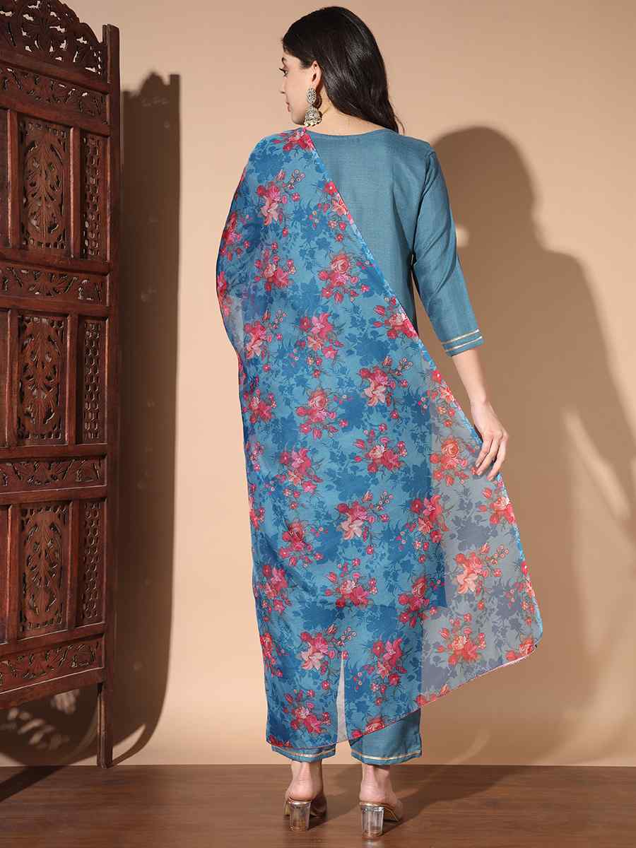 Blue Cotton Printed Festival Casual Ready Pant Salwar Kameez