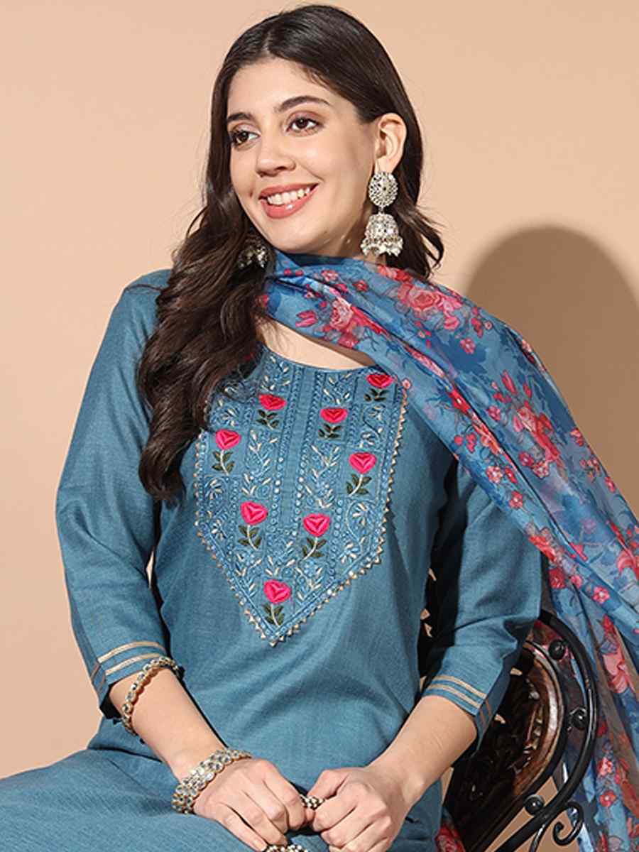 Blue Cotton Printed Festival Casual Ready Pant Salwar Kameez