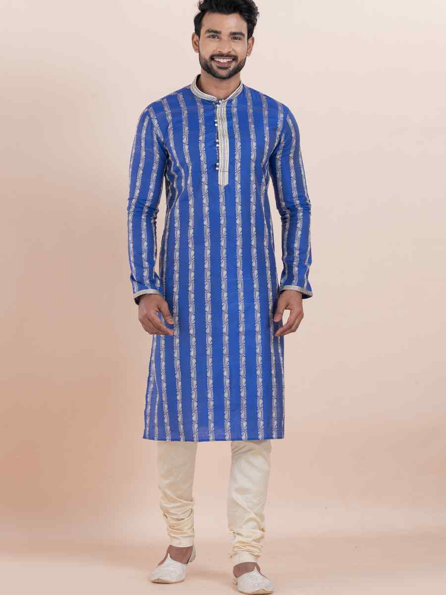 Blue Cotton Silk Jacquard Embroidered Festival Wedding Kurta Pyjama Men's Wear