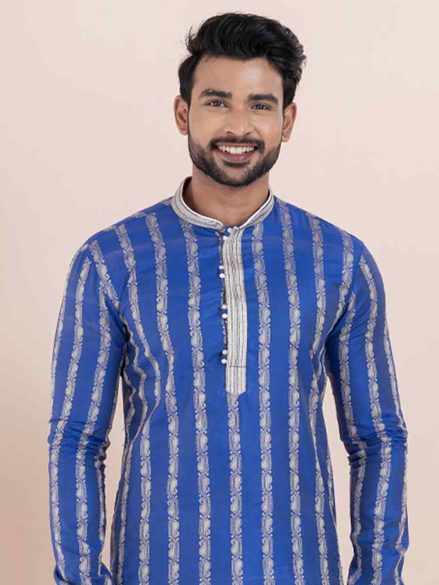 Blue Cotton Silk Jacquard Embroidered Festival Wedding Kurta Pyjama Men's Wear