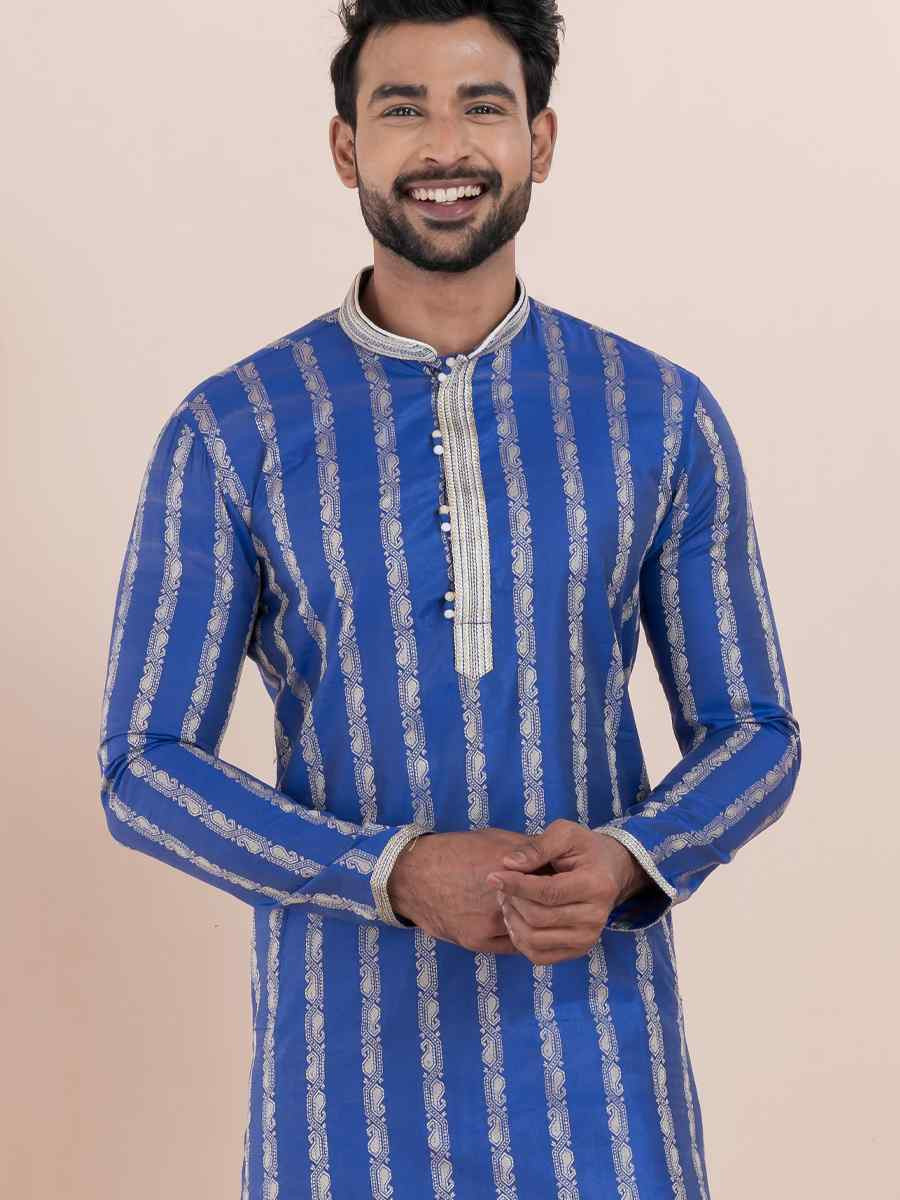 Blue Cotton Silk Jacquard Embroidered Festival Wedding Kurta Pyjama Men's Wear